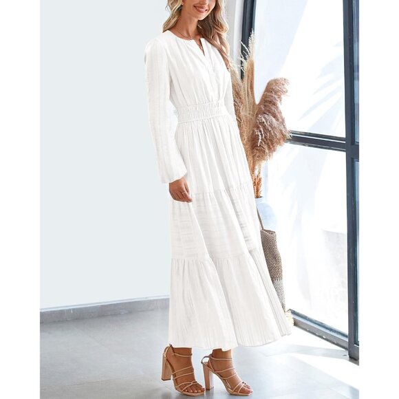 Women White Long Sleeve V Neck Elastic Waist Lightweight Maxi Dress Pockets - Picture 7 of 8